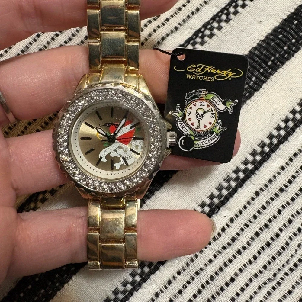 Ed Hardy Y2K Watch Love Kills Slowly Gold Rhinestone NWT‎ Deadstock